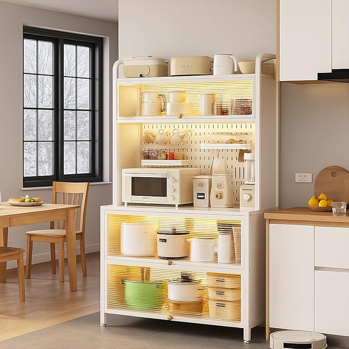 Bakers Rack with Wheels, 5-Tier Coffee Bar with Wheels, Microwave Stand with Storage, Kitchen Shelves for Kitchen Pantry, Storage Room, White