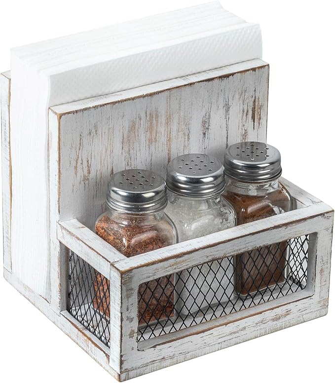 FARM IN Napkin Holder, Farmhouse Multifunctional Napkin Holder with Salt and Pepper Shakers Holder for Home and Commercial Use, Rustic Solid White Washed Wood & Diamond Metal Wire Mesh
