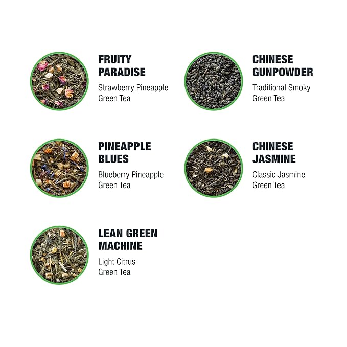 Tiesta Tea - Green Loose Leaf Tea Gift Set, Medium Caffeinated Assorted Blends, 5 Pouches of Hot & Iced Brews Variety Pack, Chinese Gunpowder, Chinese Jasmine, & Fruity Green