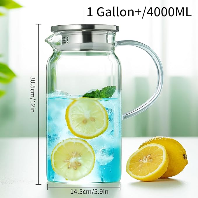 1 Gallon Glass Pitcher with Lid and Spout, Water Jug, 4000ML Carafe for Hot/Cold Water, Large Iced Tea Pitcher for Coffee, Juice and Homemade Beverage