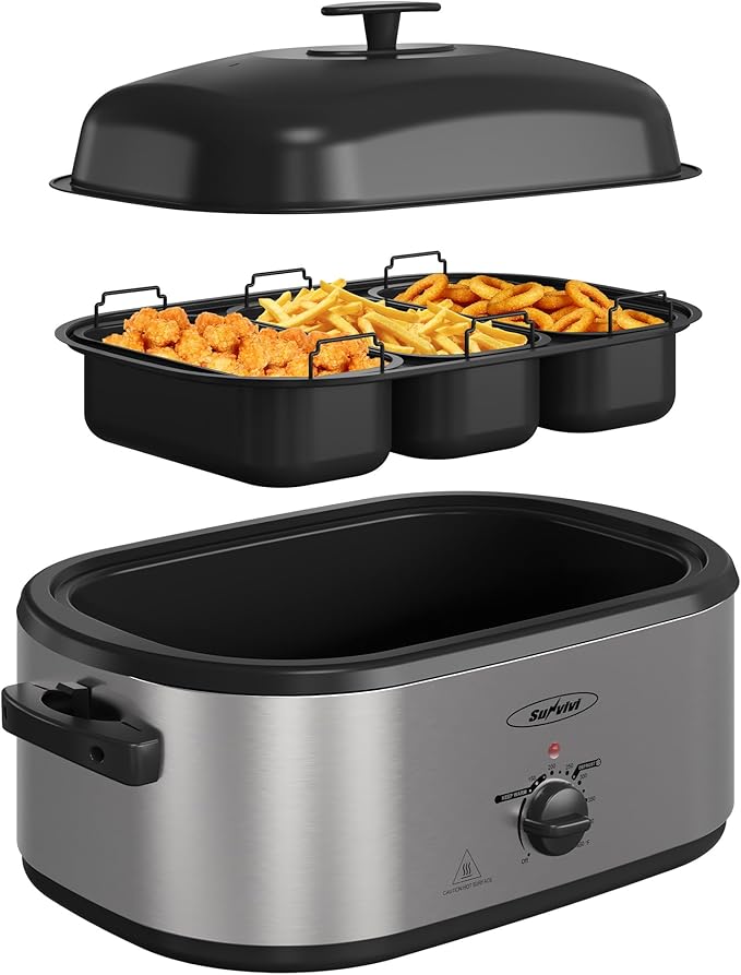 Sunvivi 20 QT Electric Roaster Oven with Self-Basting Lid, 3 Compartments, and Keep Warm Function, Full-Range Temperature Control (150-450°F), Stainless Steel