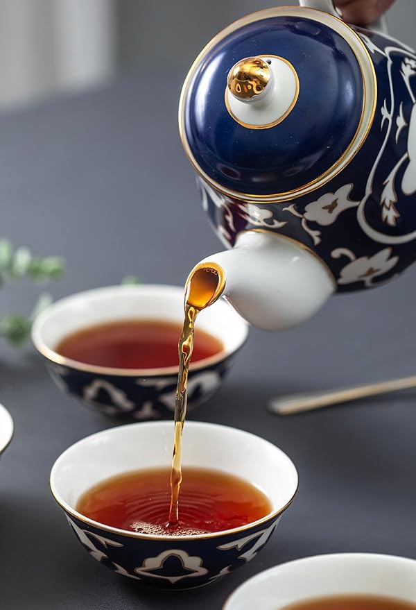 Blue and White Tea Set - 28 oz. Bone China Teapot and 6 oz. Tea Cups with White Vintage Design - Elegant Tea Serving Set for Kitchen and Gift for Women, Men, Adults and Tea Lovers