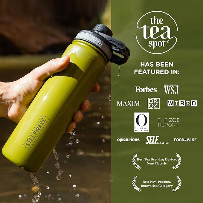 The Tea Spot Steepware Tea Tumbler and Thermos, 22oz, Tea Bottle with tea infuser for loose leaf tea or iced coffee, Sleek Double Wall Tumbler & Insulated Travel Bottle - Olive