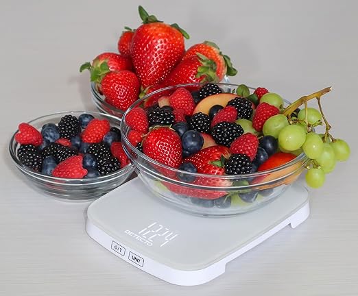 DETECTO Digital Kitchen Scale, Highly Accurate, Compact Glass Platform, Easy-to-Read Display, USB Rechargeable, 22 lb Capacity, Black/White (White)
