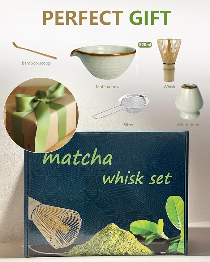 Matcha Whisk Set with Matcha Bowl, Matcha Bamboo Whisk, Scoop, Sifter, Matcha Whisk Holder Unique Gifts for Women Mom Her Girl Friend Home Kitchen Decor Gifts for Christmas, Birthday