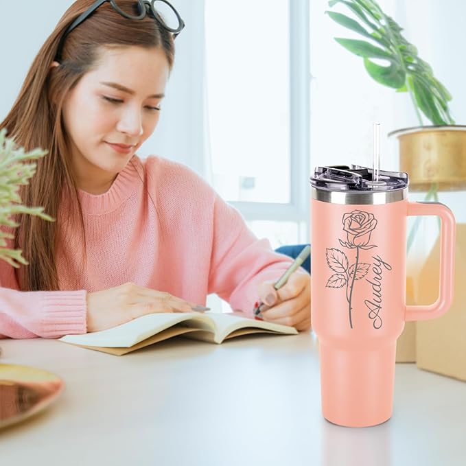 Personalized Tumbler with Pictures Text Name, Custom Double Wall Insulated Tumbler, 20oz Coffee Tumbler with lid and straw, Personalized Birthday Gifts for Women Men Friend Christmas (40oz Birthday)