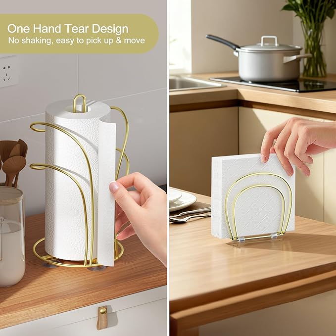 SZQINJI Paper Towel Holder Countertop, Gold Paper Towel Roll Holder with Weighted Base 4 Suction Cups and Paper Napkin Holder Set, Standing Paper Towel Holder for Kitchen Dining Table Picnic