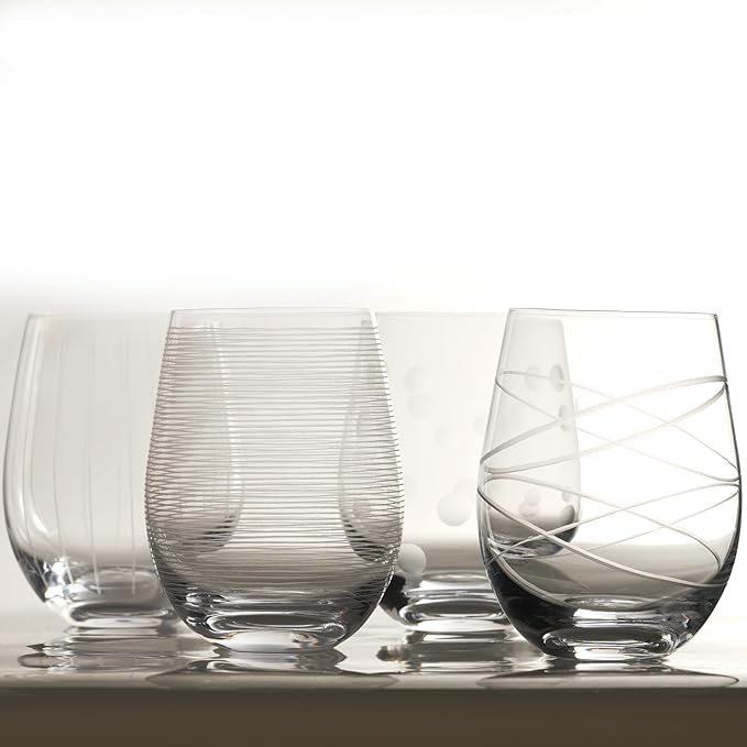 Etched Stemless Wine Glasses for Red or White Wine (Set of 4), 18-Ounces, Large Wine Glasses for Cabernet, Pinot Noir, Burgundy, Bordeaux, Clear, Etched