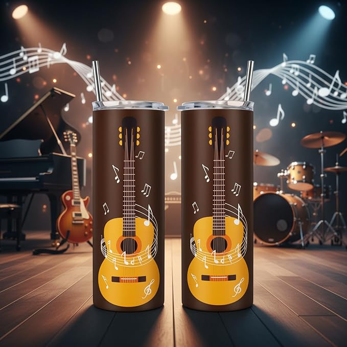 Umigy 2 Pieces Guitar Gift Tumbler with Lid Straw and Brush, 20 oz Musical Notes Travel Mug Stainless Steel Coffee Mug for Christmas Music Lovers Singers Teacher Birthday Gifts