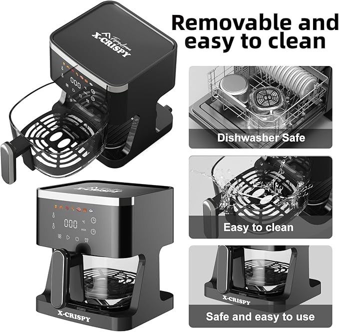 APSARAS USA Glass Air Fryer Non Toxic,5.2QT Convection Oven Air Fryer Glass, Healthy Kitchen Bake,Grill,Steam Broil, & Roast -Includes Bowl,Broil Rack,Toasting Rack & More 97% Less Oil (Black)