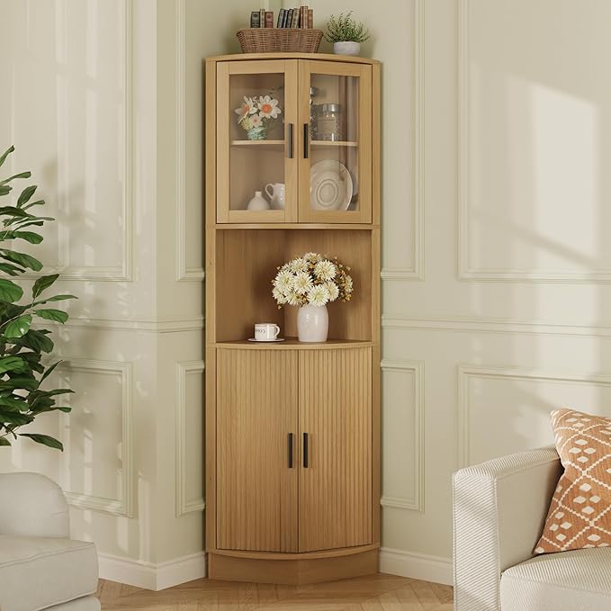 64.9" Tall Corner Cabinet, Modern Fluted Storage Cabinet with Glass Door and 5 Storage Shelves, Space Saver for Kitchen, Bathroom, Living Room, Natural