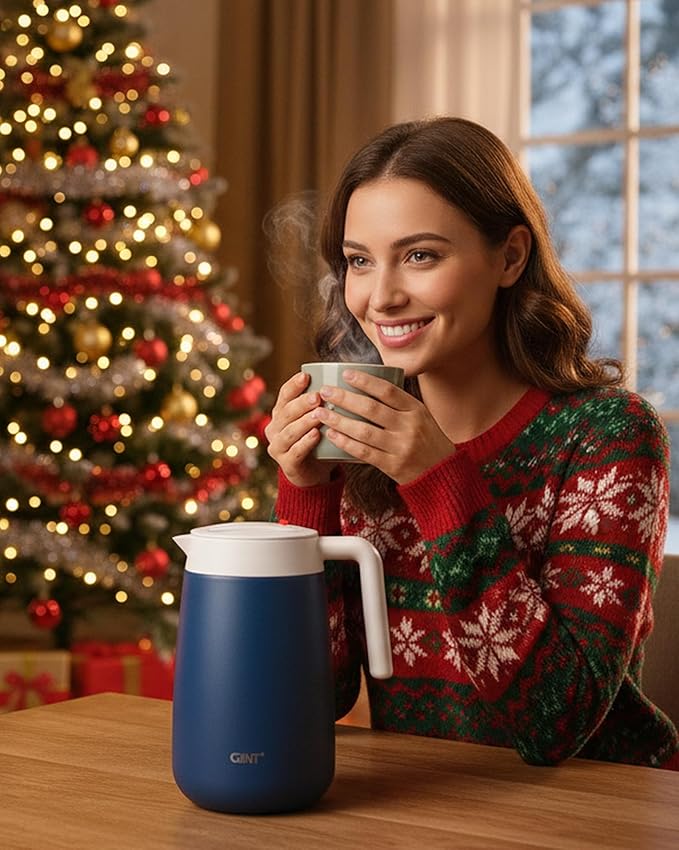 GiNT 54Oz/1.6L Thermal Coffee Carafe Wide Mouth - Double Wall Vacuum Insulated Stainless Steel Beverage Dispenser with Safety Lock | 12H Hot & 24H Cold Retention (Blue)