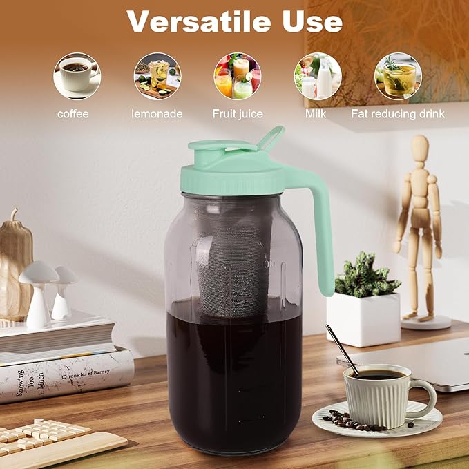 Cold Brew Coffee Maker，64 oz Wide Mouth Mason Jar Pitcher with Stainless Steel Filter, Pour Spout Handle Lid, Heavy Duty Glass Airtight & Leak-Proof for Iced Coffee Tea & Lemonade-Green