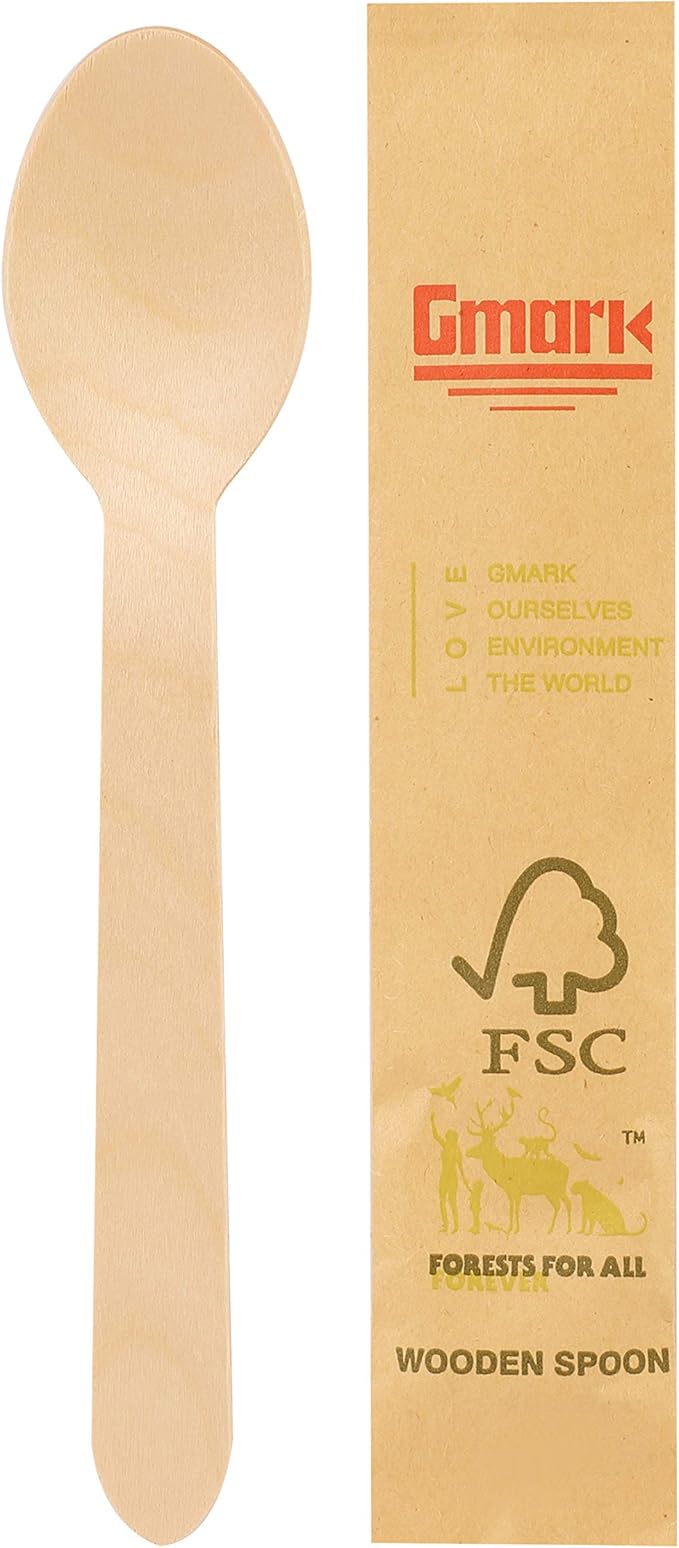 Gmark Disposable Wooden Spoons Paper Wrapped | Pack of 100-6.5" Spoons | 100% All-Natural, Eco-Friendly, Biodegradable, and Compostable 100 ct Individually Wrapped in Box GM1024