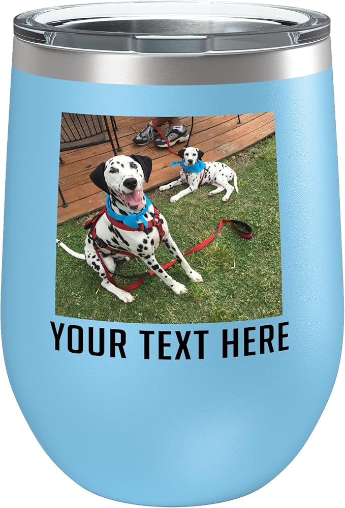Personalized Mothers Day 12oz Photo Picture Printed Insulated Stainless Steel Powder Coated Stemless Wine Tumbler with Lid, Customized Mum Gift Idea Her, Custom Mom Coach Gifts Team (Light Blue)