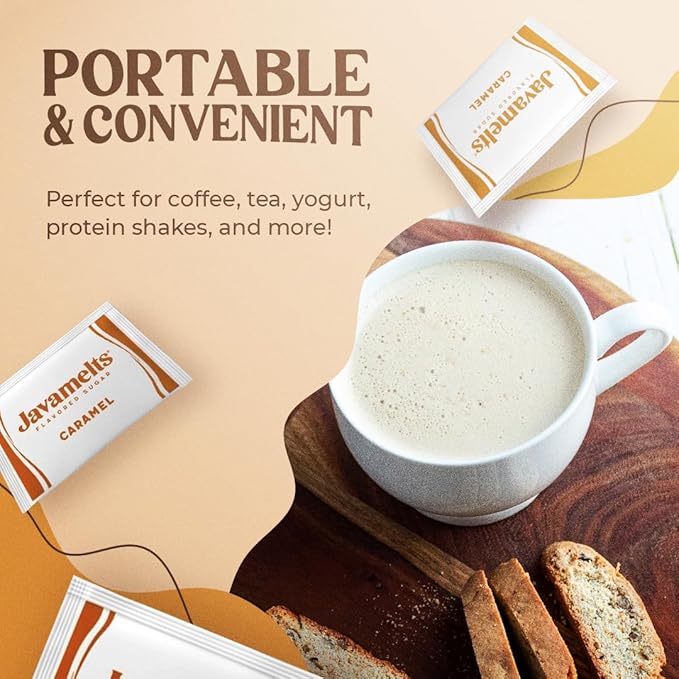 Javamelts Caramel Flavored Sugar Packets | Pure Cane Sugar for Baking, Coffee Syrup Substitute, Cocktails, Tea | Non GMO, Non Dairy, Gluten Free, Kosher | 200 Bulk Sugar Packets