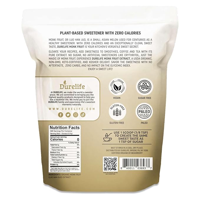 Durelife Organic 100% Pure Monk Fruit sweetener, No Erythritol, Monkfruit Extract Powder, USDA organic NON-GMO Project Verified, Keto Certified OU kosher No Fillers Zero Calorie Sugar Substitute 10 OZ