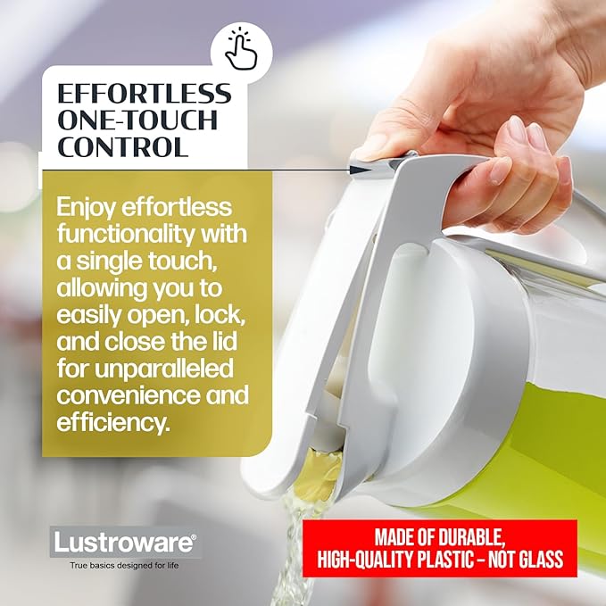 Lustroware QuickServe Airtight Pitcher - 2.1L (70oz), Heat Resistant, BPA-Free SAN Plastic, One Touch Open & Close, Space-Saving, Made in Japan - White