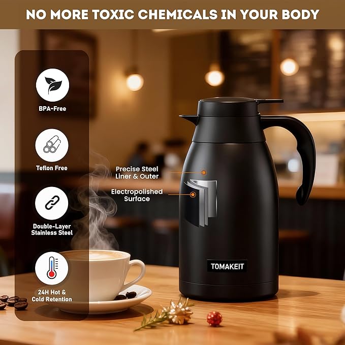 Thermal Coffee Carafe 2L/68 Oz Double-Wall Vacuum 304 Stainless Steel Insulated Thermoses Flask, 24-Hour Keeps Hot/Cold, Leak-Proof, for Travel, Work, Outdoor, BPA-Free, Easy to Clean