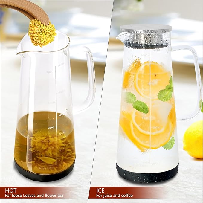 LHS Glass Teapot with Stainless Steel Infuser, Borosilicate Glass Teapot Kettle for Loose Leaf Tea, Blooming Tea, Cold Brew, 1200ml