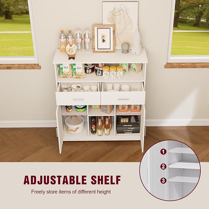 Storage Cabinet Coffee Bar Cabinet with 2 Adjustable Shelves 2 Drawers and 2 Doors for Bathroom/Kitchen/Living Room (White)