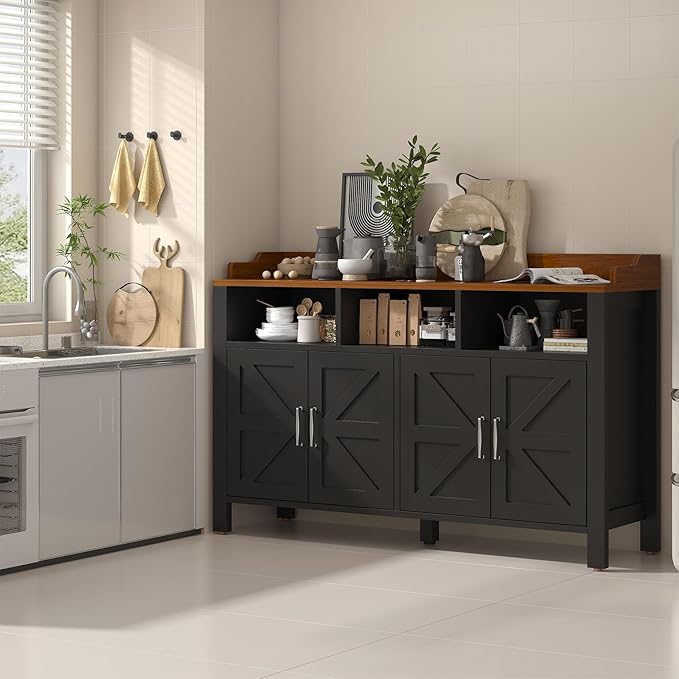 Buffet Cabinet with Storage Farmhouse with 4 Doors and 3 Open Compartments, 55'' Large Kitchen Storage Cabinet Black Wood Coffee Bar Buffet Sideboard for Kitchen, Dining Room, Living Room