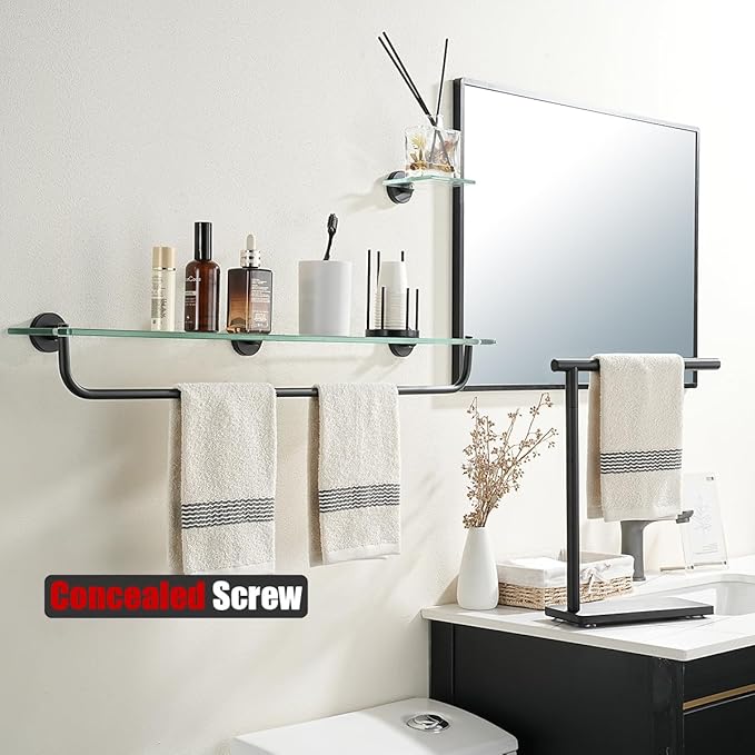 JQK Bathroom Glass Shelf, Shelf with 29 Inch Towel Bar Tempered Glass Shower Storage 30 by 5 inches, 304 Stainless Steel Matte Black Wall Mount, TGS100L30-PB