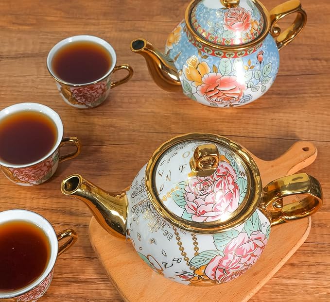Classic Vintage British Royal Style Ceramic Teapot, 30OZ Large Teapot Perfect for Everyday Gatherings (blue, Large)