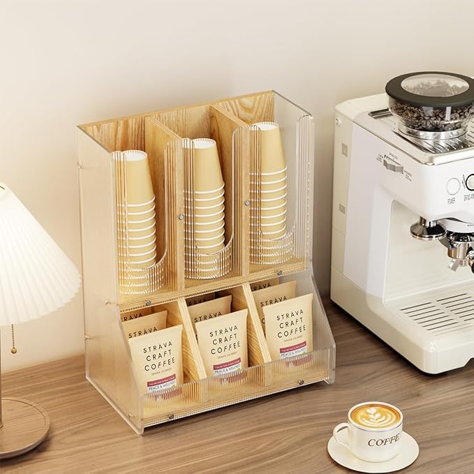 BYCY Coffee Bar Organizer for Countertop,Wooden Shelf for Tea Station with acrylic boards,Coffee Cup and Lid Organizer Coffee Pod Holder Accessories Storage for Office, Home