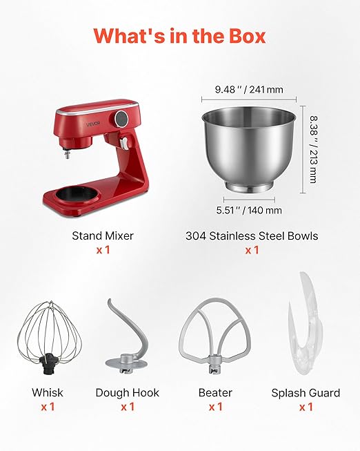 VEVOR Stand Mixer, 7.8 QT Electric Kitchen Mixer, 800W Dough-Mixer, 10 Speeds Tilt-head Food-Mixer with Stainless Steel Bowl, Dough Hook, Whisk, Beater, for Baking, Mixing, Whipping & Kneading, Red