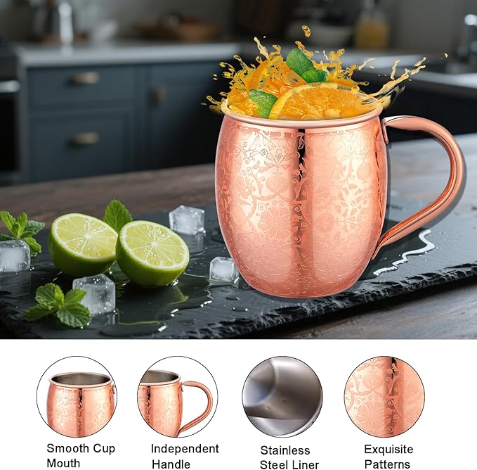 Moscow Mule Mugs - 18 Oz Copper-Plated Fine Craftsmanship Etched Mugs,304 Stainless Steel-Lined Mule Cups,For Cold Drinks, Beer, Wine, Bars, Parties