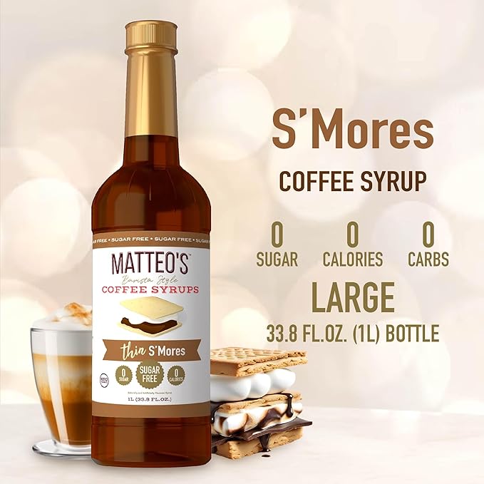 Matteo's S'mores Syrup for Coffee, Lattes, Cappuccinos & Desserts – Sugar-Free Sweetener for Beverages, Keto Friendly, Zero Calories, Indulgent Flavor, Non-Alcoholic, Ideal for Hot Drinks 33.8oz (6pk)