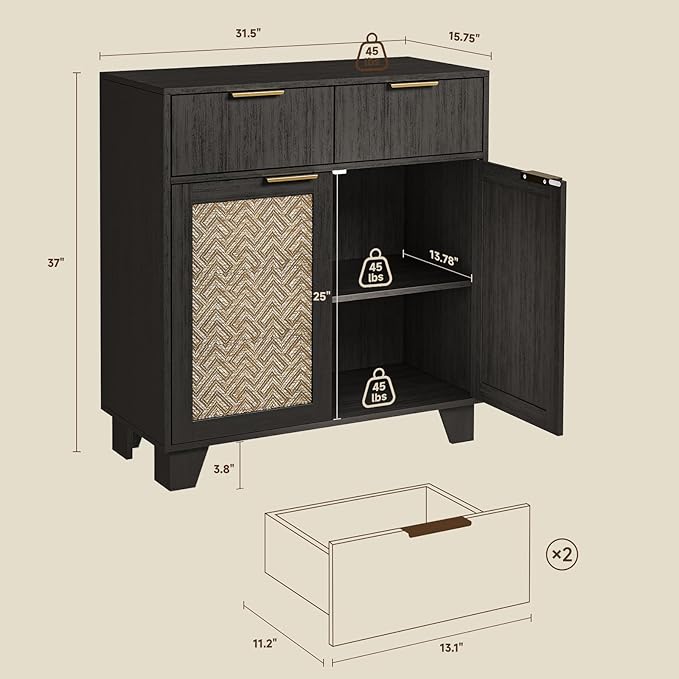 ONBRILL Sideboard Buffet Cabinet with 2 Drawers, Coffee Bar Cabinets with 2 Doors, Boho Farmhouse Accent Credenza Buffet Table Console Cabinet with Adjustable Shelves for Living Room, Entryway, Black