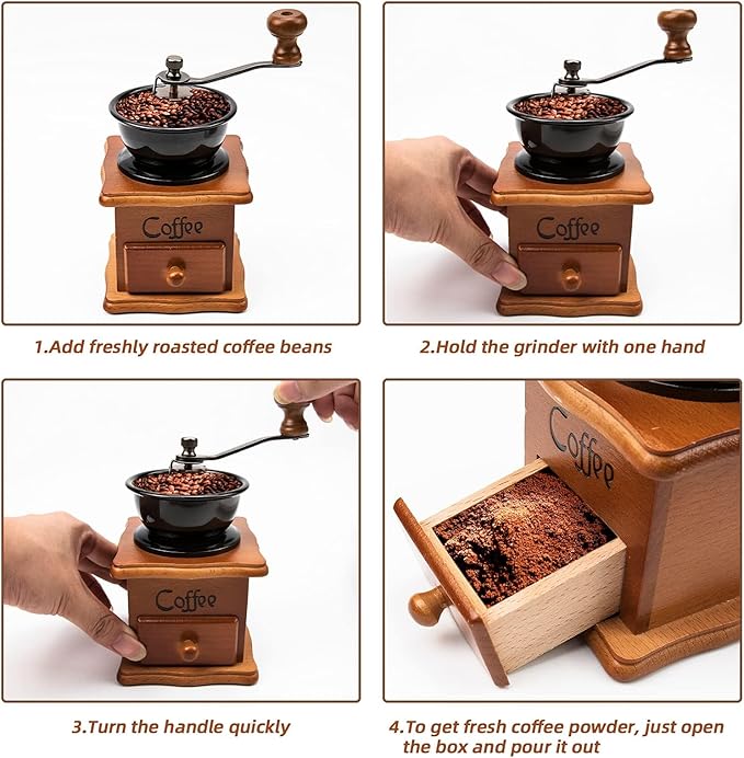 Manual Coffee Grinder, Vintage Wooden Mini Portable Hand Crank with Ceramic Burr, Coffee Grinder Manual Adjustable Coarseness Setting for Espresso French Press Drip Coffee, Antique Display Gift