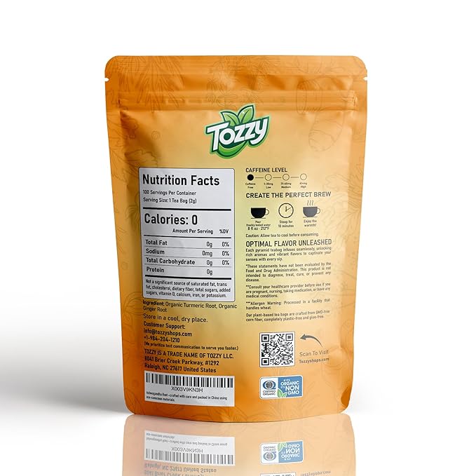 Tozzy Organic Turmeric Ginger Tea – 100 Count, Plant-Based Pyramid Tea Bags