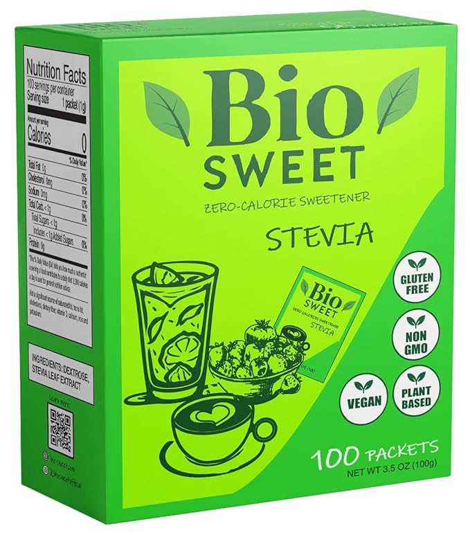 BioSweet Zero Bitterness Stevia Packets | Zero Calorie Sweetener | Non GMO, Natural, Gluten Free, Vegan | Nothing Artificial (100 Packets)