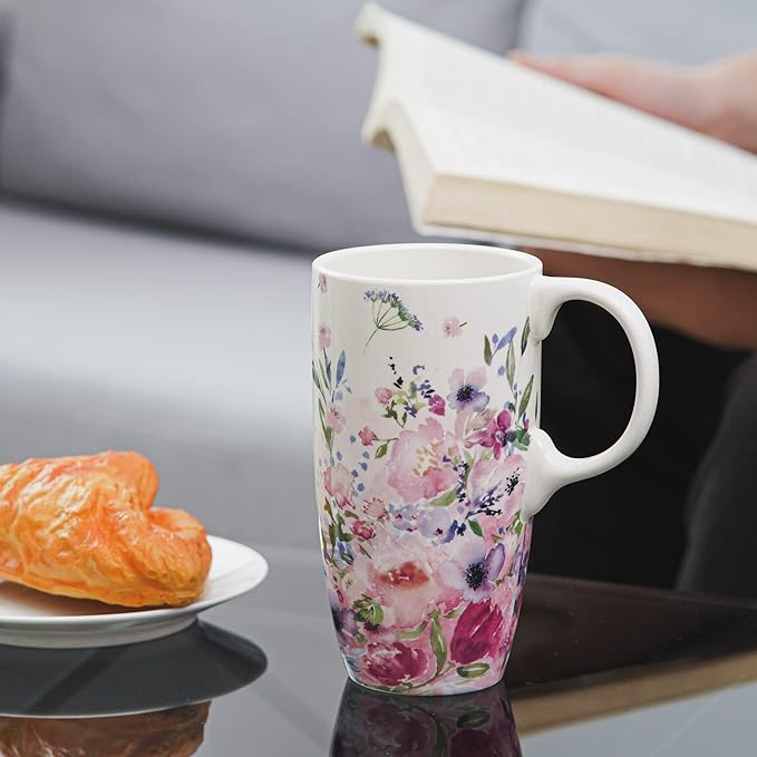 Topadorn Ceramic Coffee Mug for Home & Office, 17oz. Porcelain Latte Travel Cup with Lid and Color Box, Pink Flower Art Tea Mug with Handle, 6.5" H