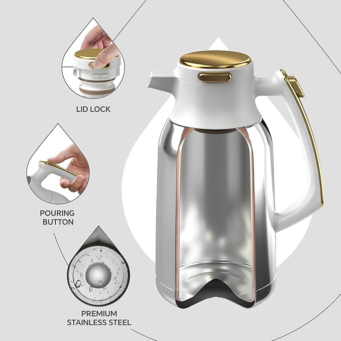 IDEUS Thermal Coffee Carafe 68oz (2,000ml), Stainless Steel Double Wall Insulated Vacuum Flask, Water Jug Coffee Server and Beverage Dispenser, Heat and Cold Retention (White-Gold, 68oz (2,000ml))