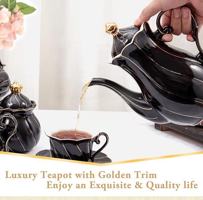 DUJUST British Style Porcelain Teapot (40oz), Luxury Ceramic Teapot with Golden Trim, Food Grade Teapot with Built-in Filter, for Tea Party & Home Décor - Black