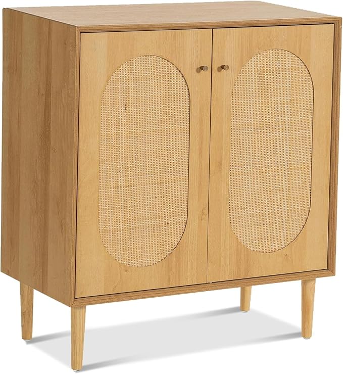 Rattan Storage Cabinets with Shelves, Narrow Cabinet with Storage, Sideboard Cabinet with Doors, Rattan Cabinets for Kitchen Dining Room Living Room, Natural Oak