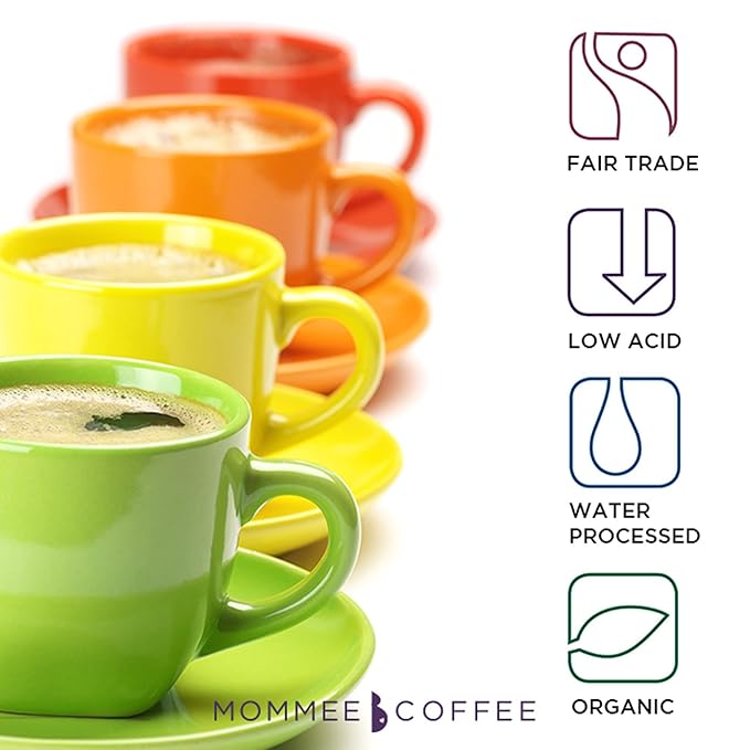 Mommee Coffee Half Caf Low Acid Whole Organic Coffee Beans - 100% Arabica Organic Half Caff Coffee Beans with Smooth Caramel Flavor - Natural Process - Medium Roast - 11 oz
