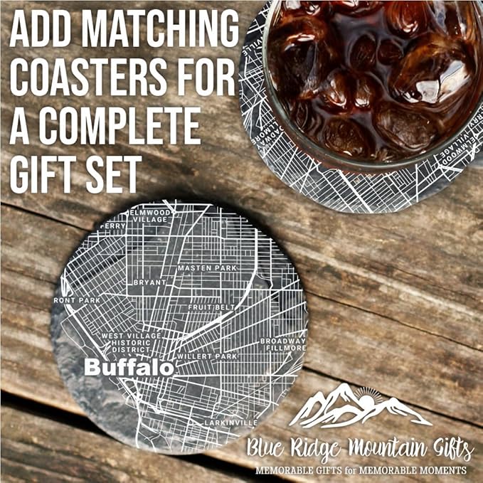 Blue Ridge Mountain Gifts - Buffalo Souvenir - New York Glassware Gift, Etched City Map, Laser Engraved and Dishwasher Safe