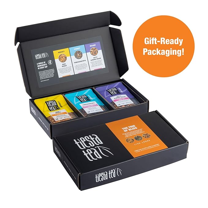 Tiesta Tea - Loose Leaf Herbal Tea Gift Box, Medium to Non-Caffeinated Assorted Blends, 3 Pouches for Hot & Iced Brews Variety Pack, Maui Mango, Nutty Almond Cream, and Pomegranatopia