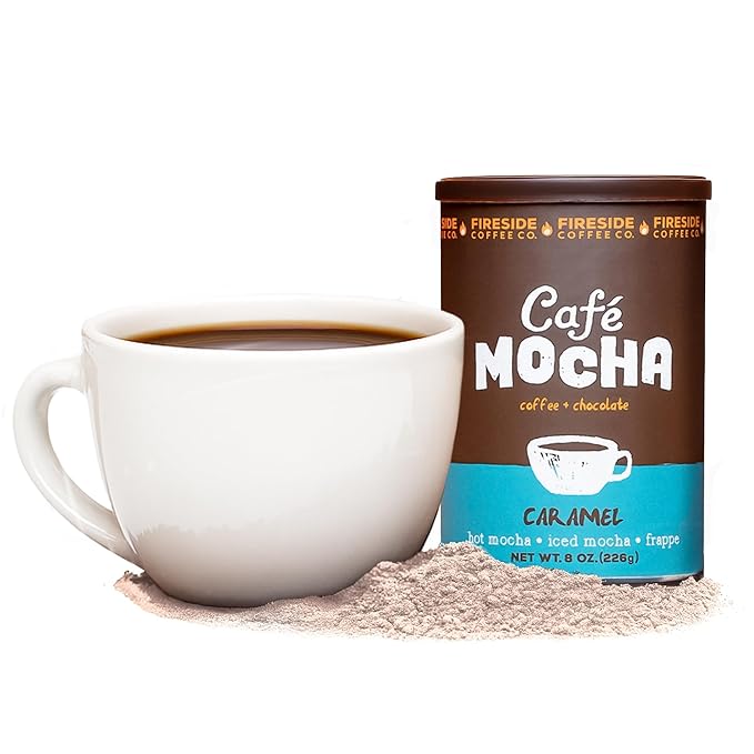 Fireside Coffee Caramel Cafe Mocha - Premium Instant Coffee Chocolate Blend - Versatile Caffeinated Drink Mix for Hot, Iced, Milkshake, and Mocha Frappe Mix, Only Add Water and Enjoy, 8 Ounces