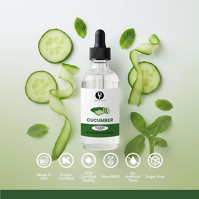 Dolce Flav Natural Cucumber Extract – 2 Ounce Water-Soluble Kosher, Sugar-Free, Concentrated Birthday Cake Flavor for Frosting, Cupcakes & Ice Cream, Includes Measured Dropper