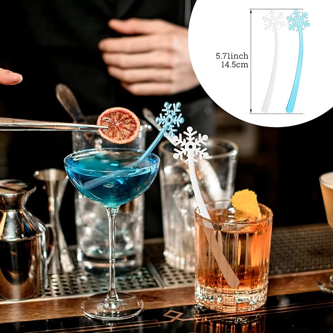 100 Pieces Plastic Snowflake Swizzle Sticks Crystal Cocktails Drink Coffee Stirrers Colorful Stir Sticks for Bar Wedding Birthday Christmas Winter Party Supplies