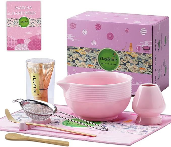 Clay&Fire Matcha Whisk Set, 9 pcs Ceramic Matcha Set, Gifts for Women,Matcha Bowl with Spout and Whisk, Matcha Kit for Matcha Lovers, Ideal Gift Christmas, Birthday, Anniversary(Pink)