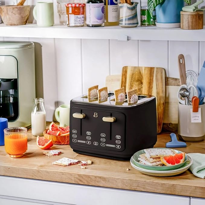 Beautiful 4 Slices Toaster - 7 Shade Settings, Touch Display, Extra-Wide Slots for Bagels, Gluten-Free & Frozen Presets, LED Countdown, Removable Crumb Tray, 1800-watt toasting system- Black Sesame