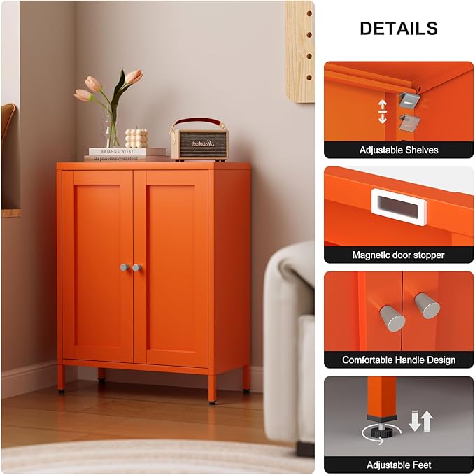Small Bathroom Storage Cabinet, Orange Metal Locker with 2 Doors and 2 Adjustable Shelves, Small Locker Cabinet Sideboard for Home Office, Living Room, Hallway, Entryway