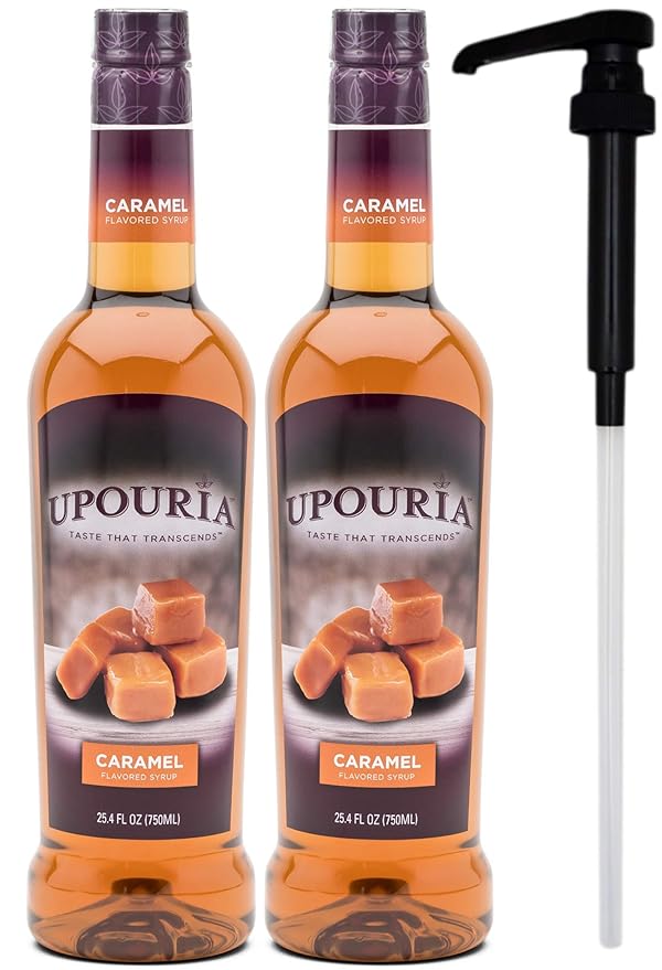 Upouria Caramel Coffee Syrup Flavoring, 100% Vegan, Gluten-Free, Kosher, 750ml bottle (Pack of 2) with Coffee Syrup Pump